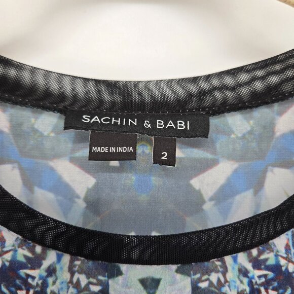 Sachin & Babi Blue Diamond Print Long Sleeve Sheer Mesh Top Women's Size 2 - Picture 10 of 12